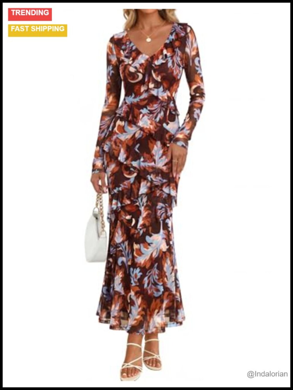 Floral Maxi Dress Long Sleeve Bodycon Tiered Ruffle Wedding Guest Formal